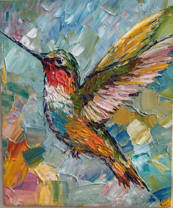 Hummingbird Painting Tropical Vibes Wall Art Impasto 10" x 8" Original Artwork