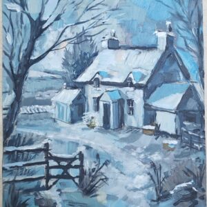 Irish Cottage Painting OOAK Winter Cozy Home Oil Landscape Original Artwork 8"x10"