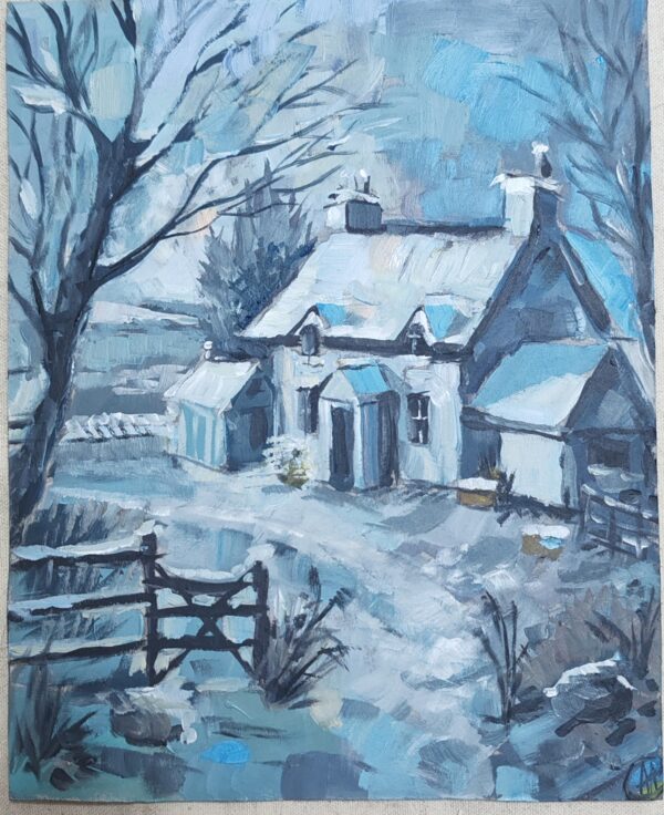 Irish Cottage Painting OOAK Winter Cozy Home Oil Landscape Original Artwork 8"x10"