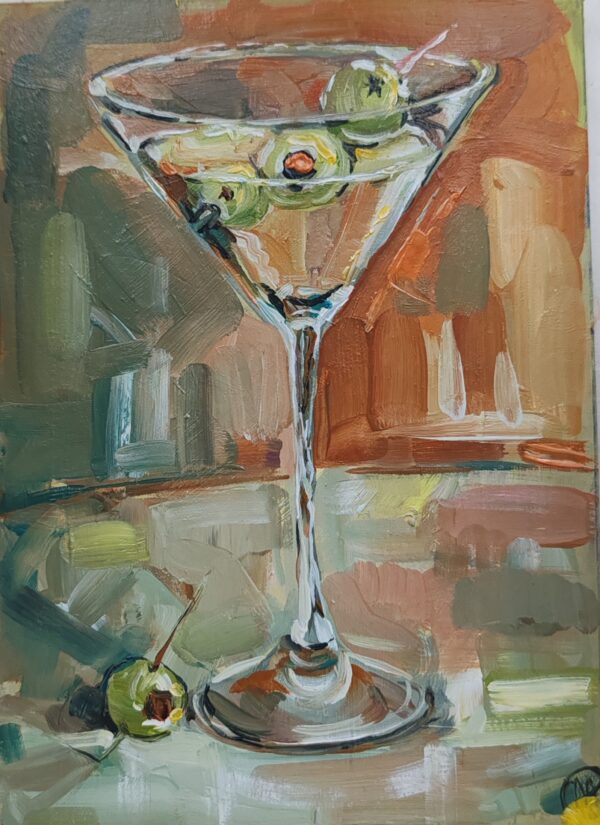 Dirty Martini Painting Still Life Green Olives Garnish 5"x7"