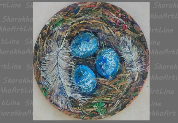 Nest Oil Painting Round Canvas Original Art St Patricks Artwork Painting Birds Nest With Blue Eggs Nest Wall Art 7.5"by7.5 - Image 3