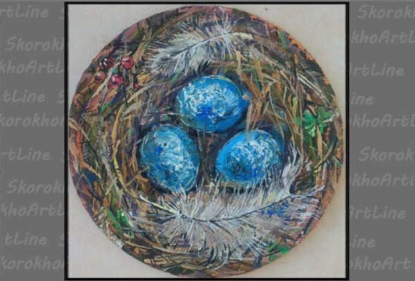Nest Oil Painting Round Canvas Original Art St Patricks Artwork Painting Birds Nest With Blue Eggs Nest Wall Art 7.5"by7.5 - Image 4
