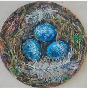 Nest Oil Painting Round Canvas Original Art St Patricks Artwork Painting Birds Nest With Blue Eggs Nest Wall Art 7.5"by7.5