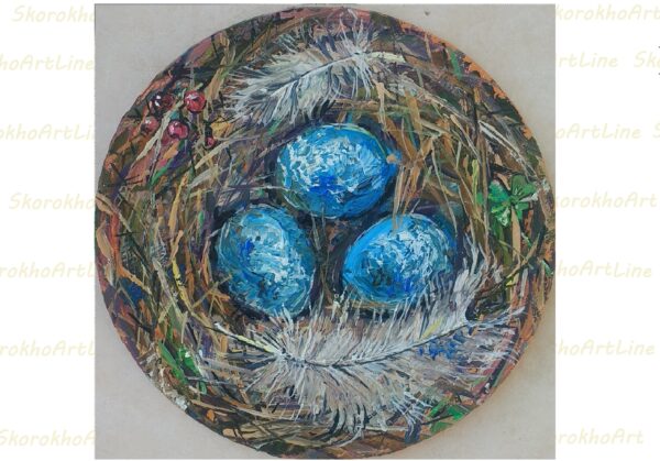 Nest Oil Painting Round Canvas Original Art St Patricks Artwork Painting Birds Nest With Blue Eggs Nest Wall Art 7.5"by7.5