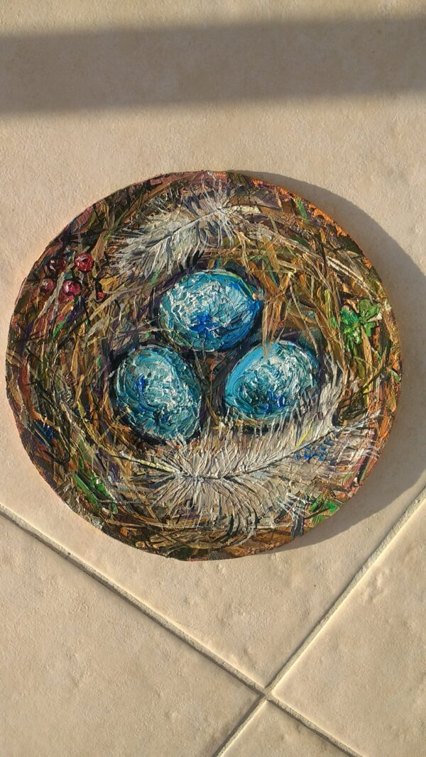 Nest Oil Painting Round Canvas Original Art St Patricks Artwork Painting Birds Nest With Blue Eggs Nest Wall Art 7.5"by7.5 - Image 5