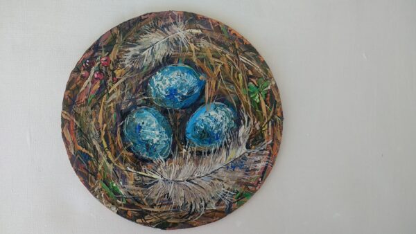 Nest Oil Painting Round Canvas Original Art St Patricks Artwork Painting Birds Nest With Blue Eggs Nest Wall Art 7.5"by7.5 - Image 8