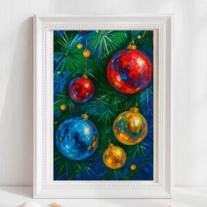 Christmas Ball Oil Painting, Winter Holiday Festive Home Decor