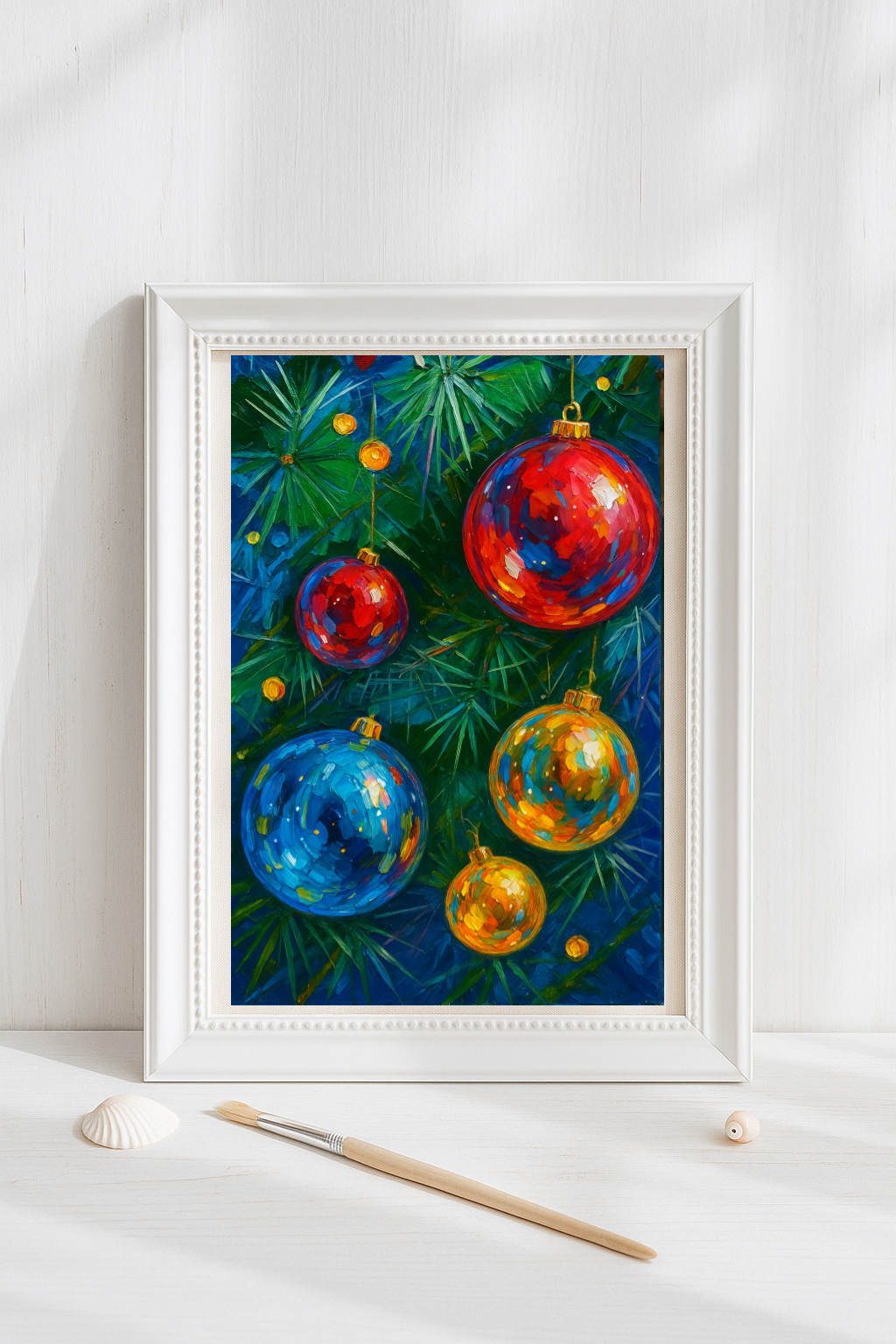 Christmas Ball Oil Painting, Winter Holiday Festive Home Decor