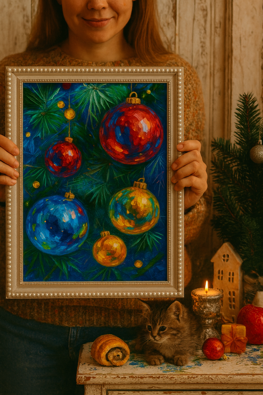 Christmas Ball Oil Painting, Winter Holiday Festive Home Decor - Image 5
