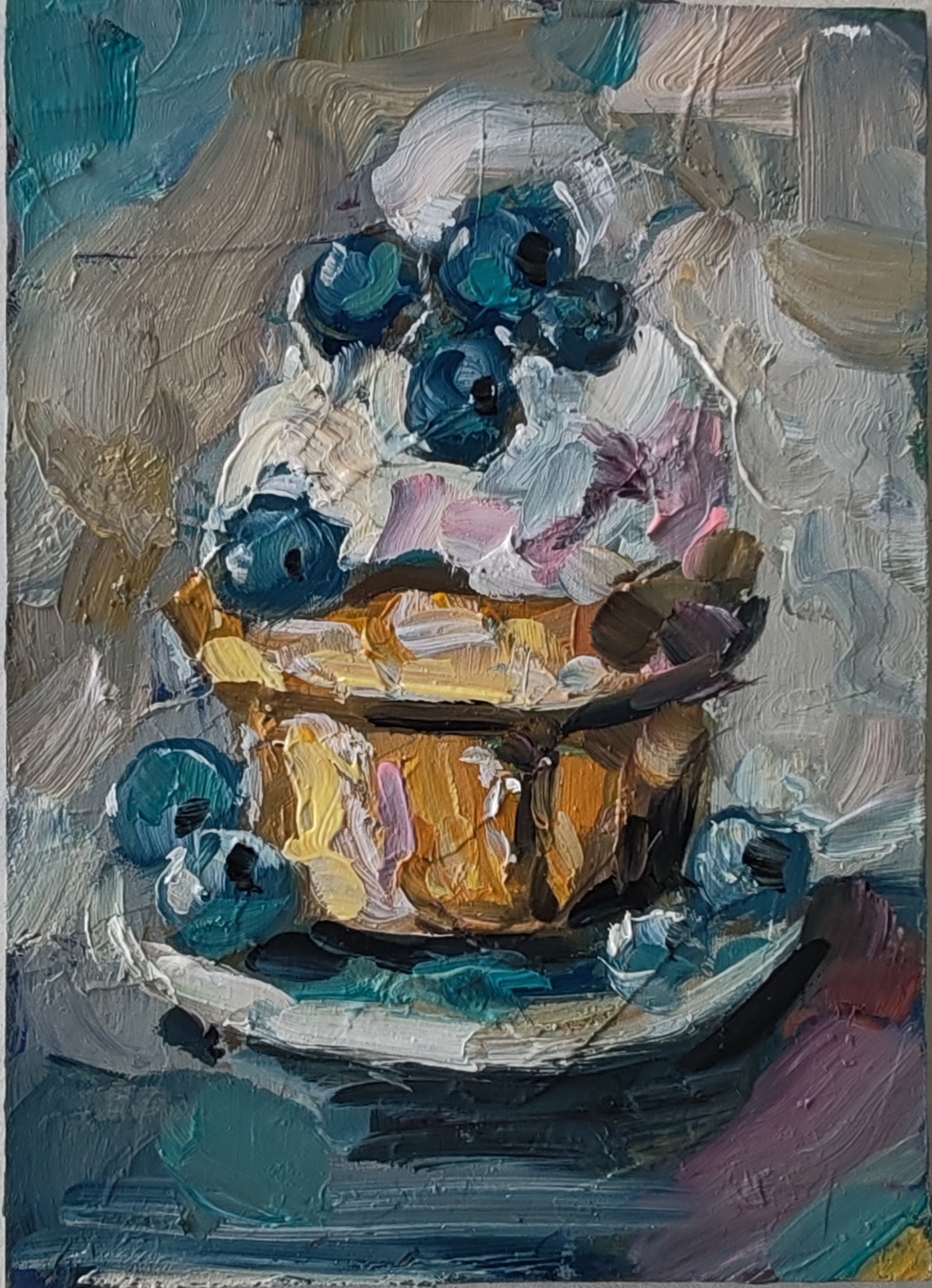 Blueberry Dessert Oil Painting - Small Impasto Mediterranean Art