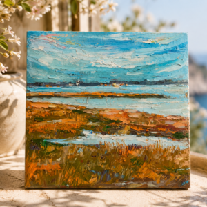 Seascape oil painting impasto. Marsh sea grass view