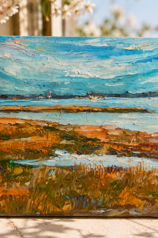Seascape oil painting impasto. Marsh sea grass view